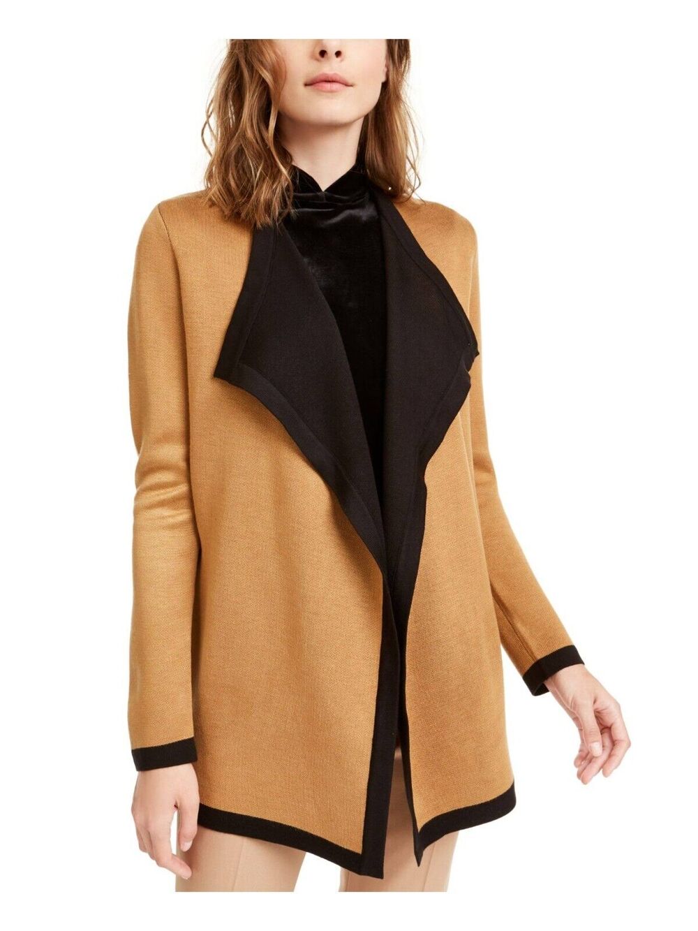 $319 Anne Klein Women's Brown Black Open Drape Front Cardigan Sweater Size S